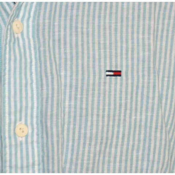 Tommy Hilfiger Mens Blue Linen Blend Striped Button Up Long Sleeve Shirt Size XL - Picture 3 of 9